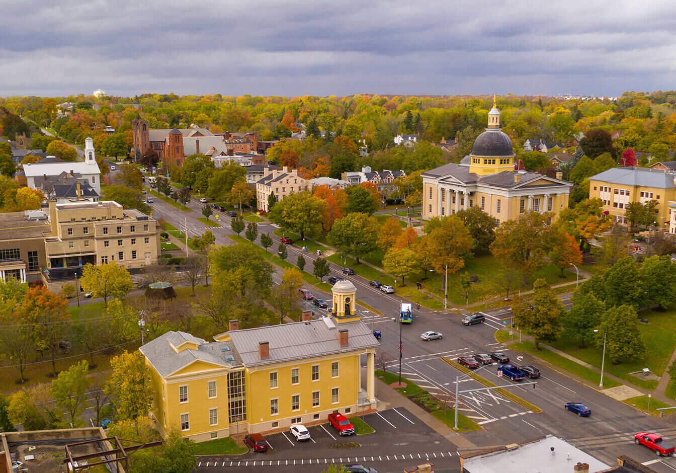 The Ontario County Courthouse stands out on Rochester in downtown Canandaigua New York